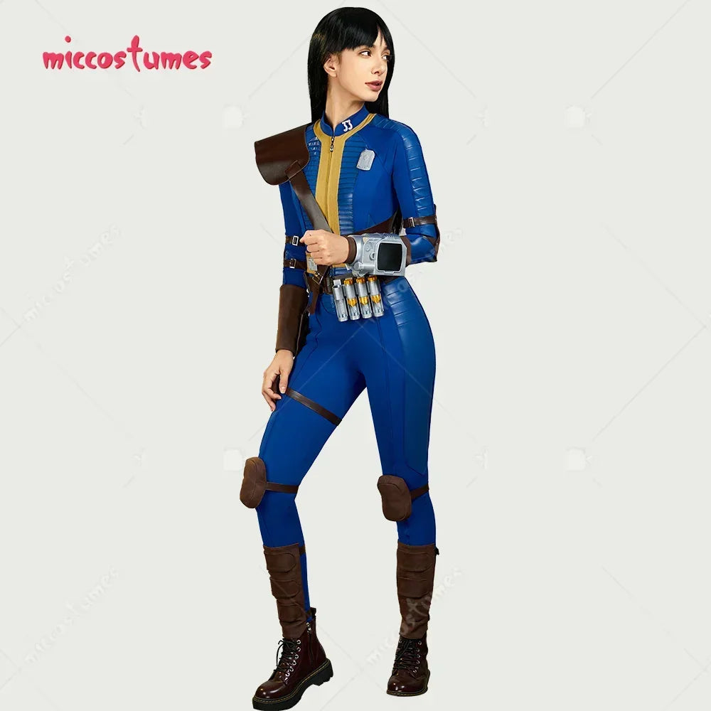 Side view of blue and yellow vault suit cosplay jumpsuit with brown armor pieces on a female model