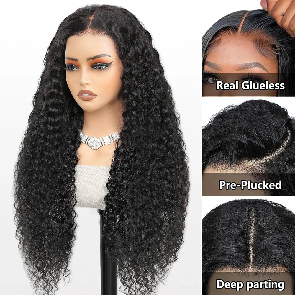Mannequin wearing long black curly human hair wig with detailed lace views