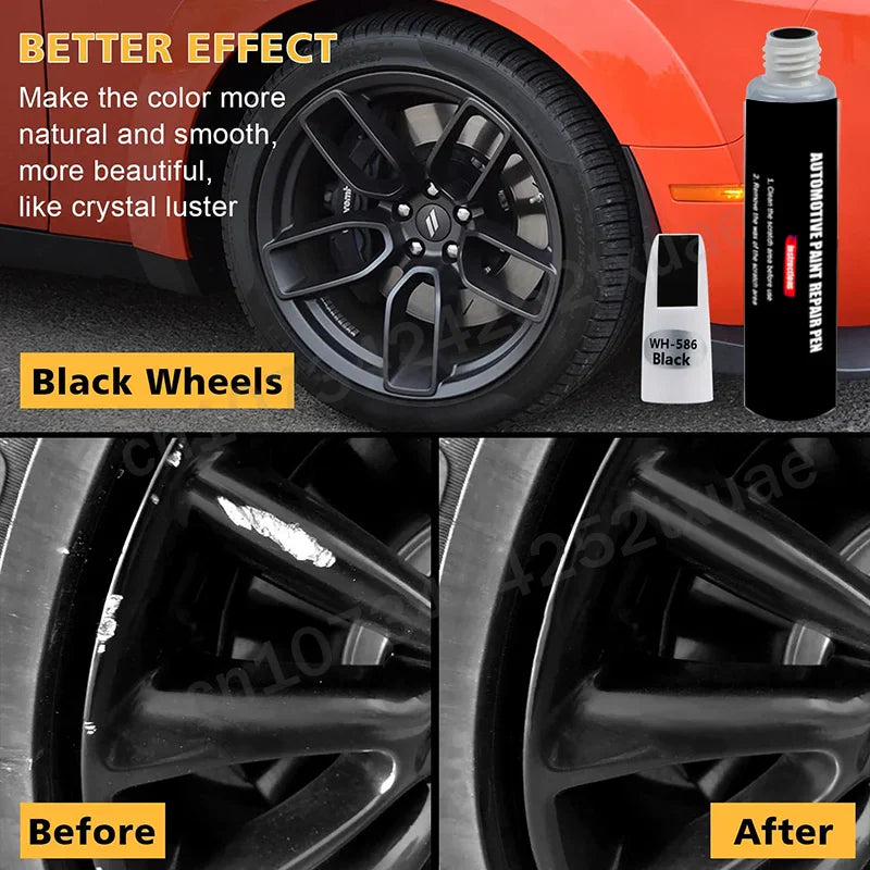 Before and after comparison of automotive wheel scratch repair using a black paint pen