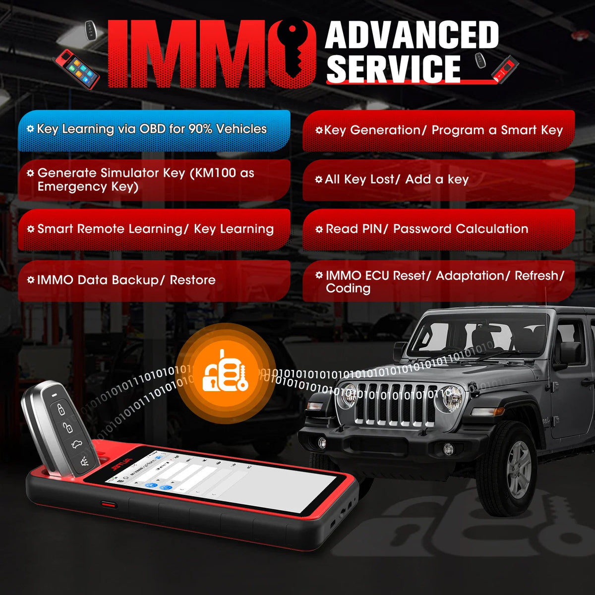 Advanced IMMO service diagnostic tablet shown with a vehicle in a workshop setting.