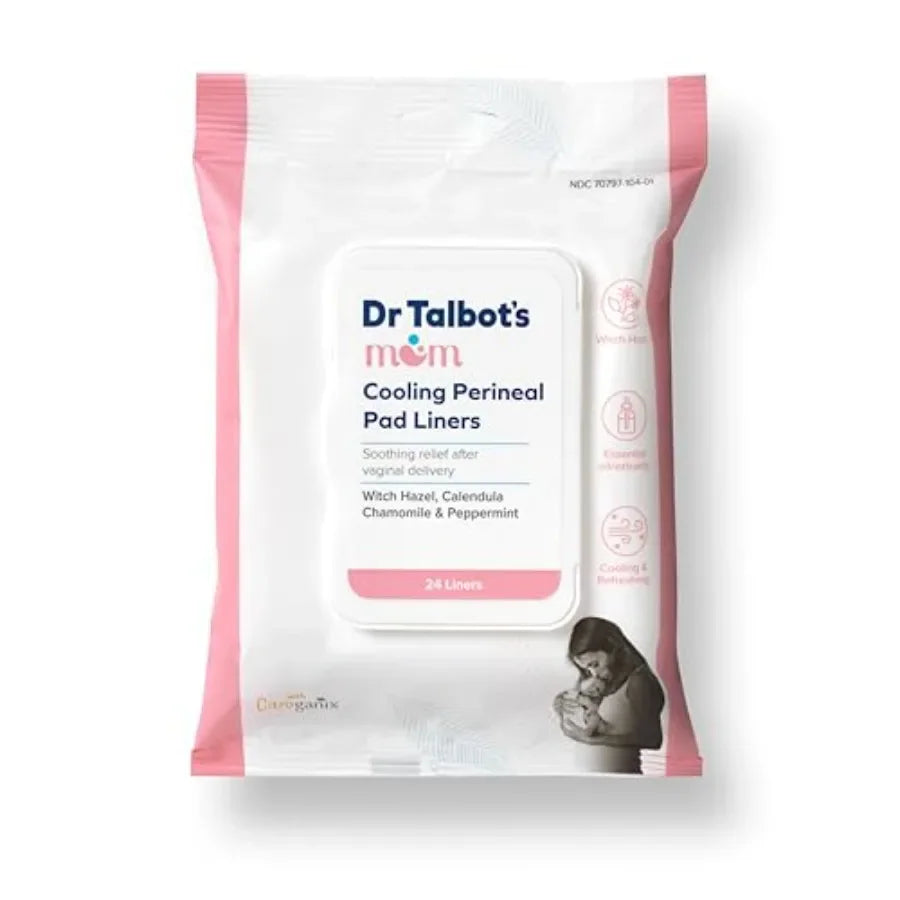 A pack of 24 cooling perineal pad liners for postpartum care with witch hazel, calendula, chamomile and peppermint.