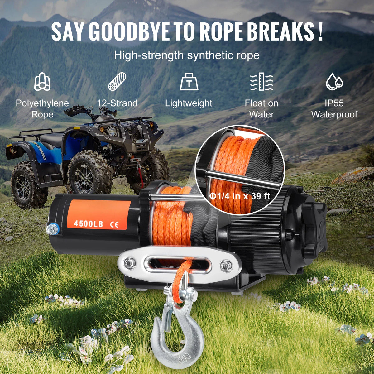 ATV electric winch with synthetic rope featuring IP55 waterproof rating and lightweight design