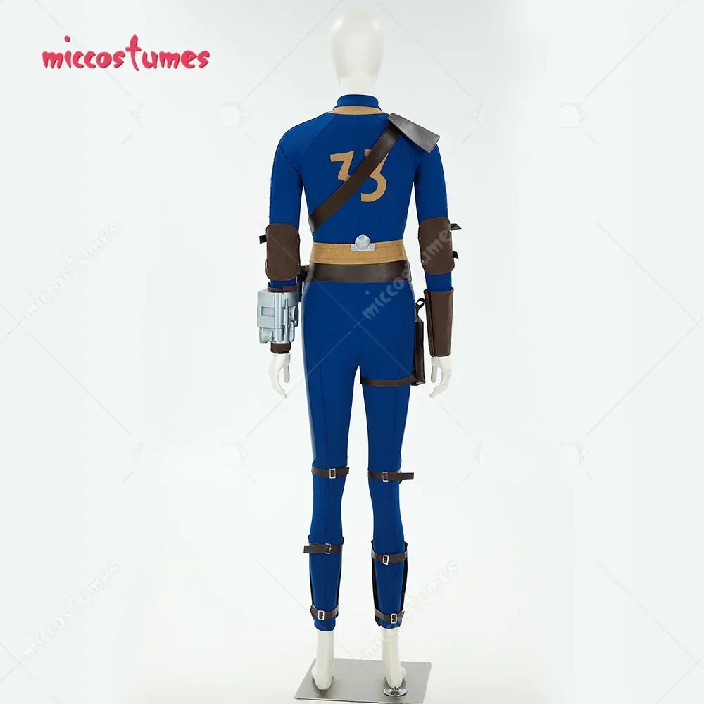 Back view of blue and yellow vault suit cosplay jumpsuit with brown armor on a mannequin