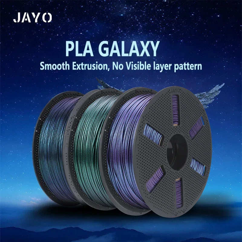 Three spools of glitter PLA 3D printer filament in blue, green, and purple
