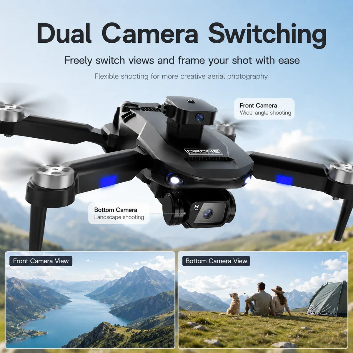 Black drone showing dual camera functionality with two different landscape perspectives