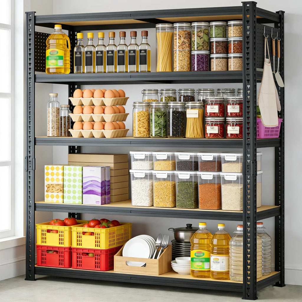 A black 5-tier metal shelving unit fully stocked with various kitchen pantry containers and items.
