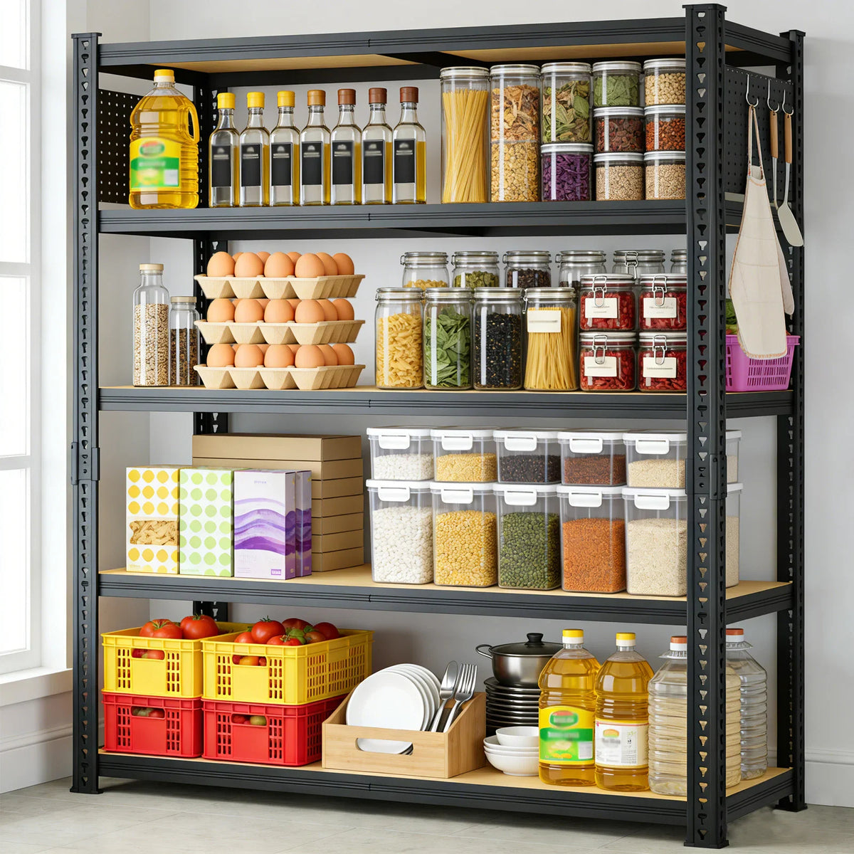 A black 5-tier metal shelving unit fully stocked with various kitchen pantry containers and items.