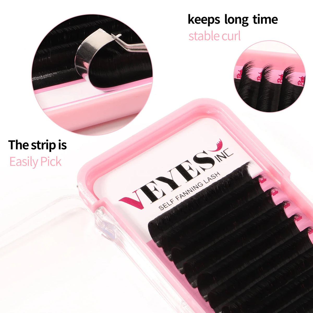 Close up of black self-fanning eyelash extensions in a pink storage tray