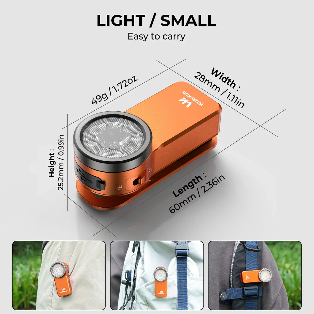 Orange mini flashlight with dimensions and weight labels shown with various carry examples.
