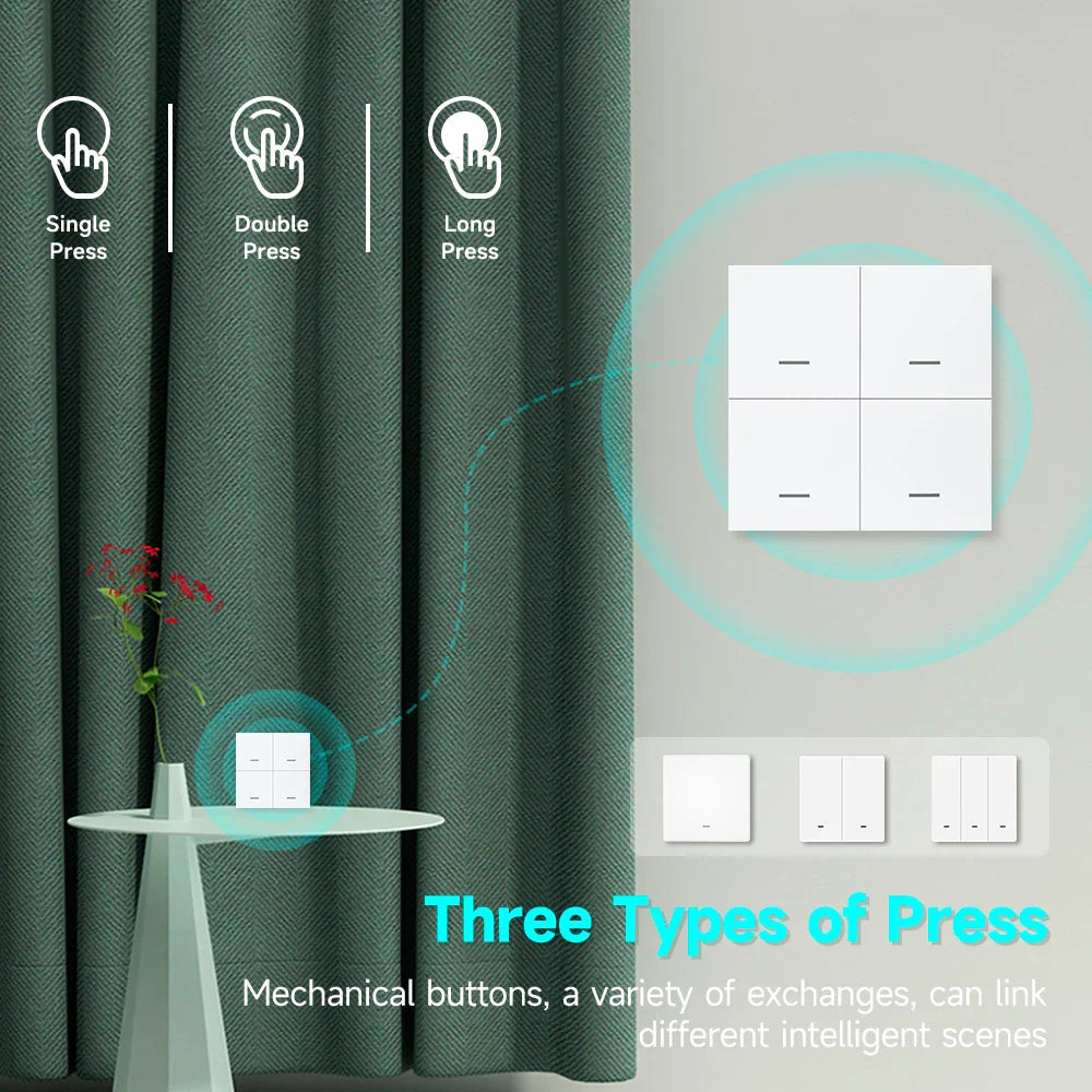 Wireless scene switch demonstrating single, double, and long press button functions.