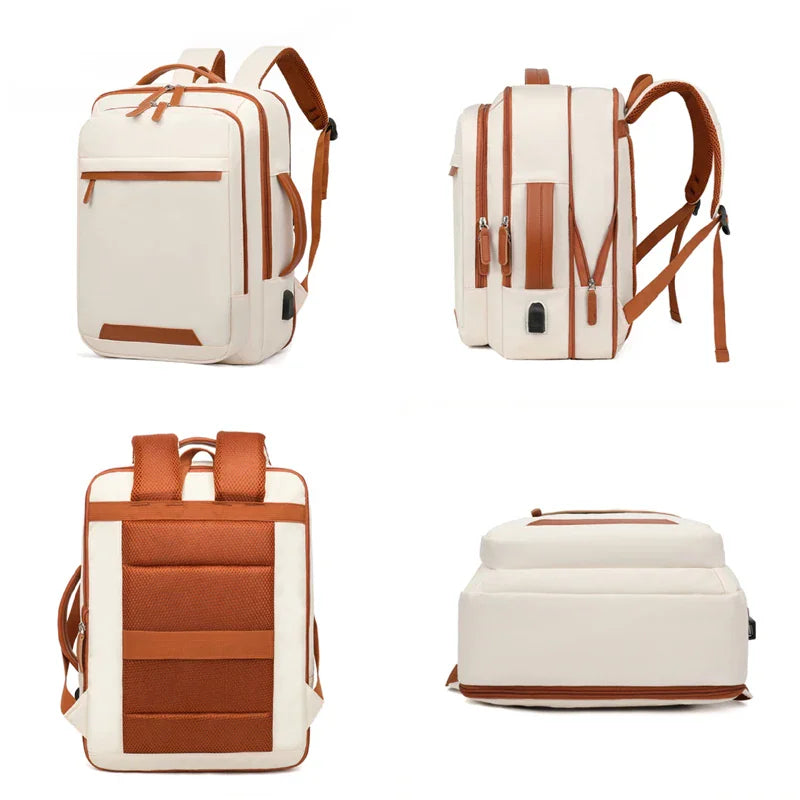 Various views of the beige laptop backpack, including back and side profiles