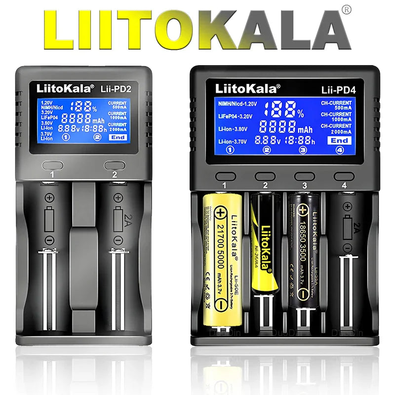 Two-slot and four-slot universal smart battery chargers for various rechargeable battery types