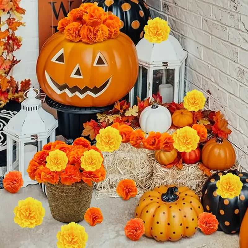Decorative Halloween setup with a pumpkin and artificial flowers in a basket