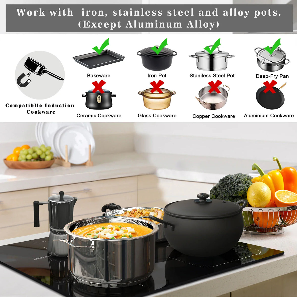 Infographic showing compatible and incompatible cookware types for an induction stove.
