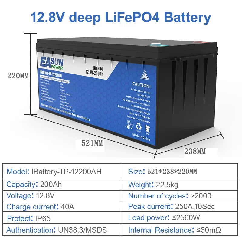LiFePO4 battery with dimension lines and technical data sheet