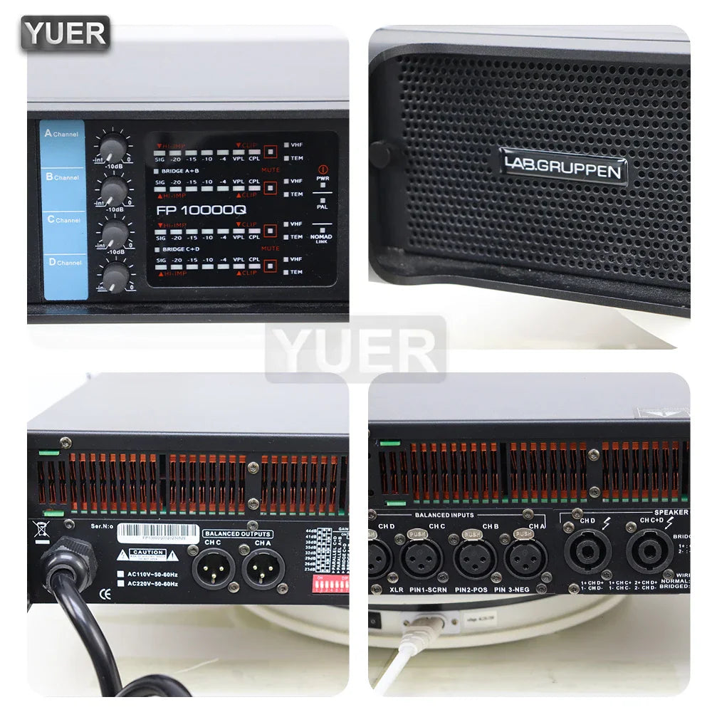 Composite view of professional 4-channel digital power amplifier controls, front and rear panels