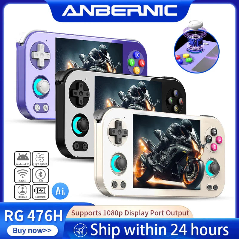 Three handheld game consoles in purple, black, and white colors with technical specifications displayed.