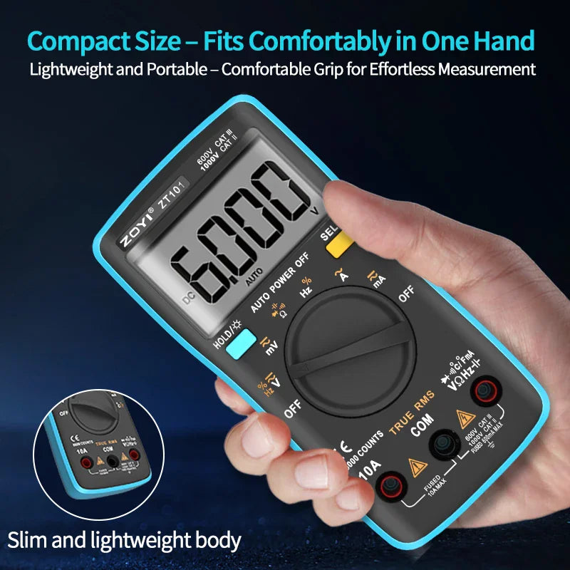 Compact digital multimeter being held in one hand, demonstrating its portable and lightweight design