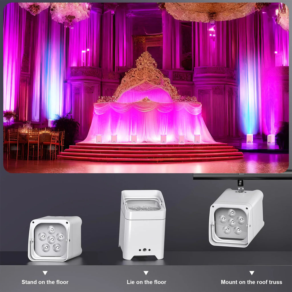 Three installation methods for LED par lights showing floor standing and ceiling truss mounting