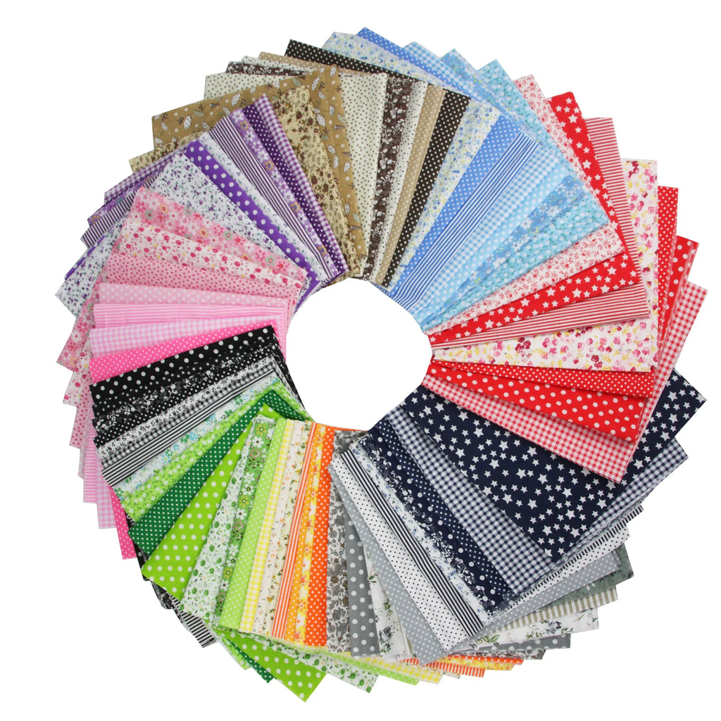 A circular arrangement of many assorted patterned and coloured cotton fabric squares.