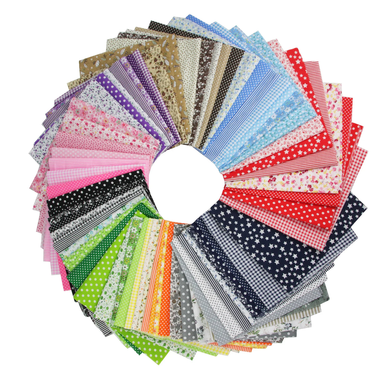 A circular arrangement of many assorted patterned and coloured cotton fabric squares.