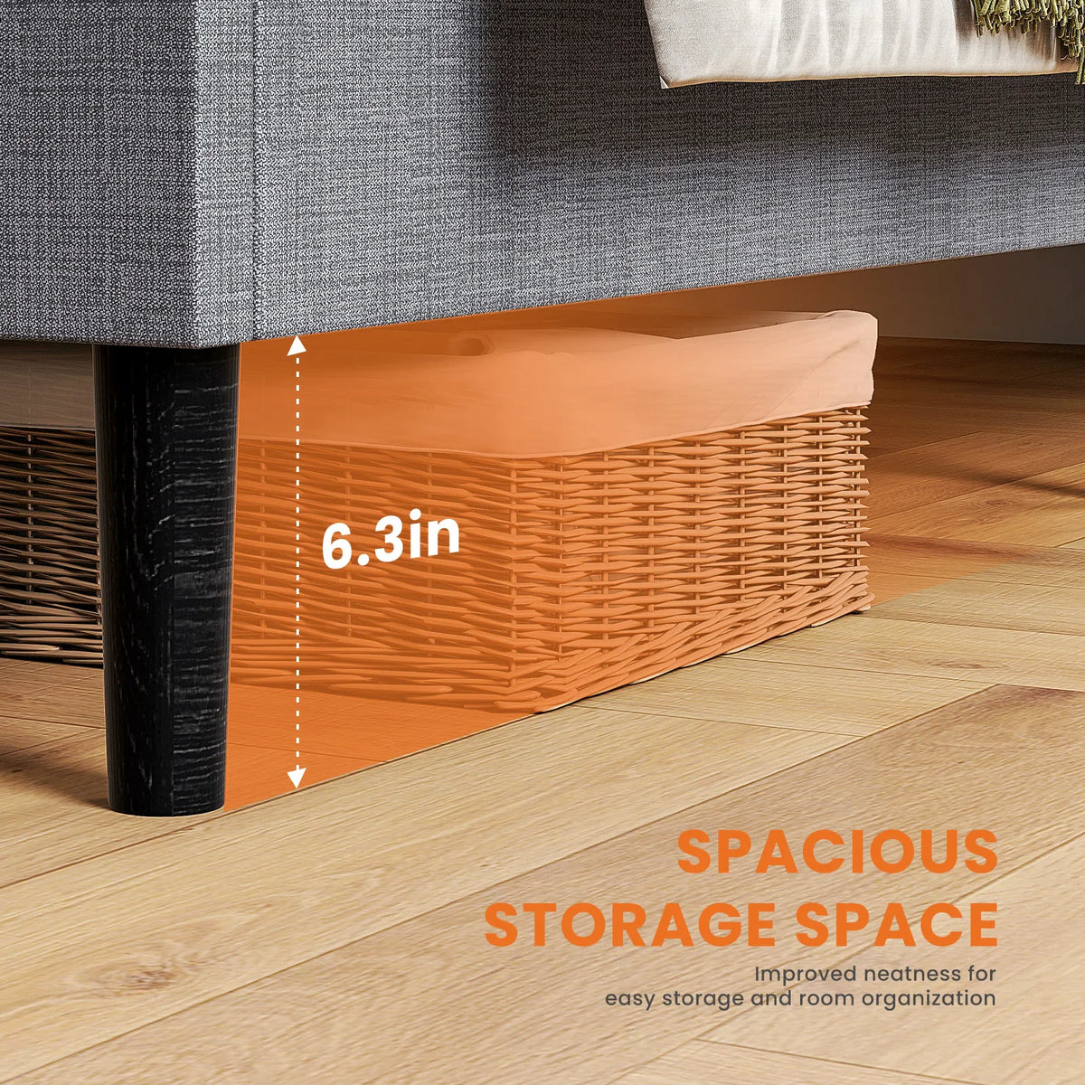 Low platform bed frame showing 6.3 inch under-bed clearance for storage space