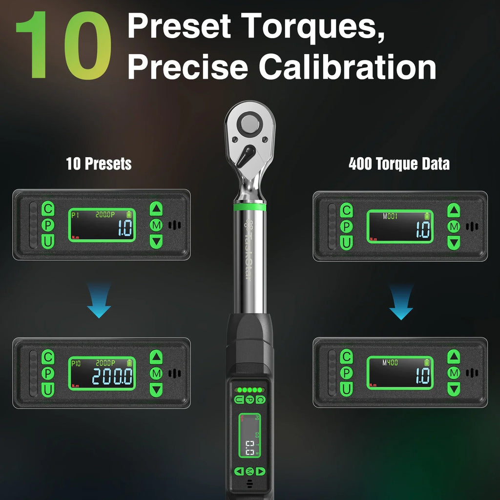 Digital torque wrench showing preset torque and data storage capabilities