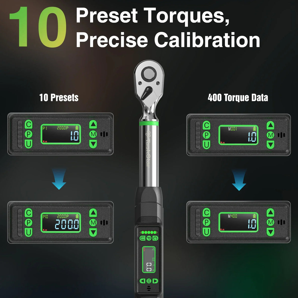 Digital torque wrench showing preset torque and data storage capabilities
