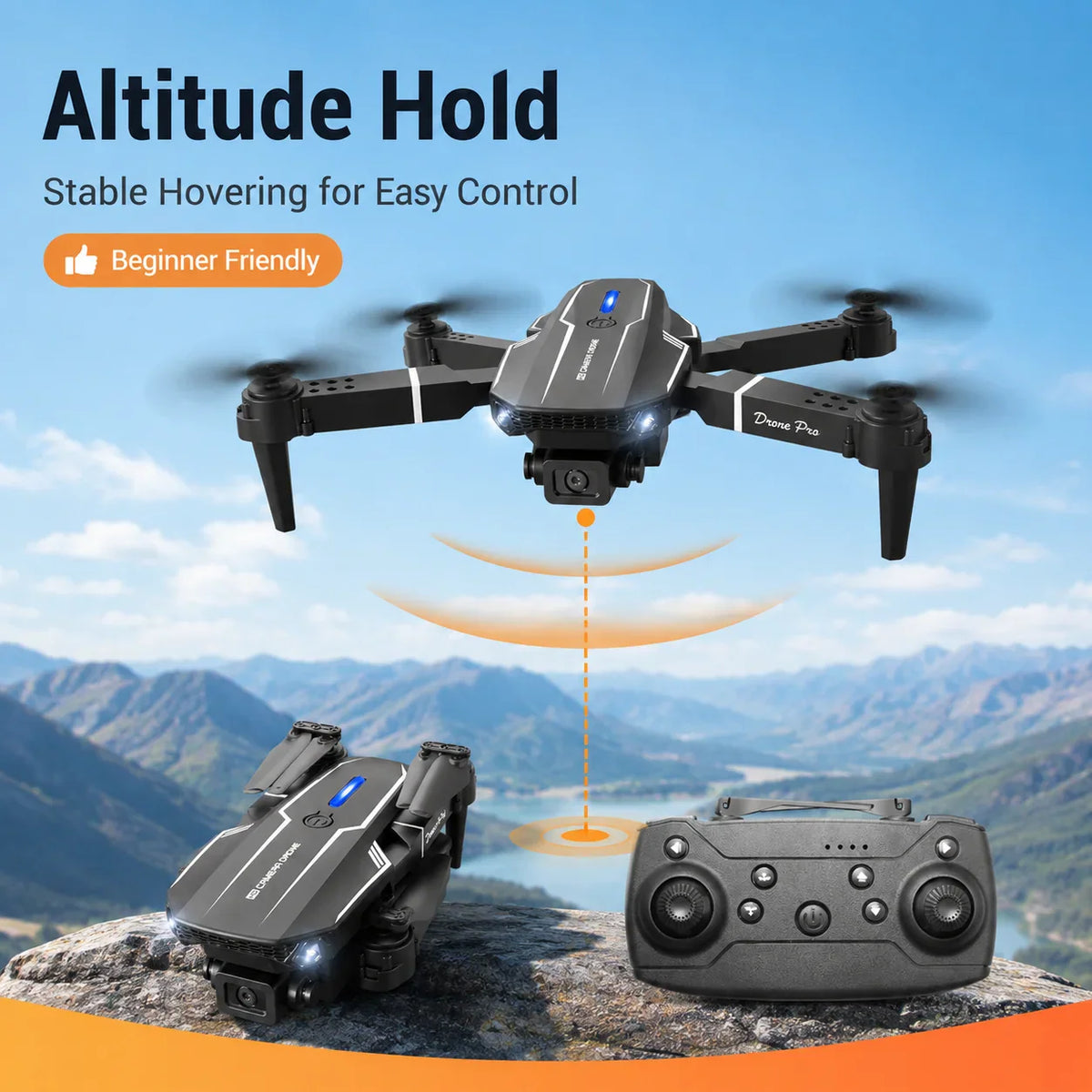 Black foldable camera drone with remote controller over a mountain landscape.