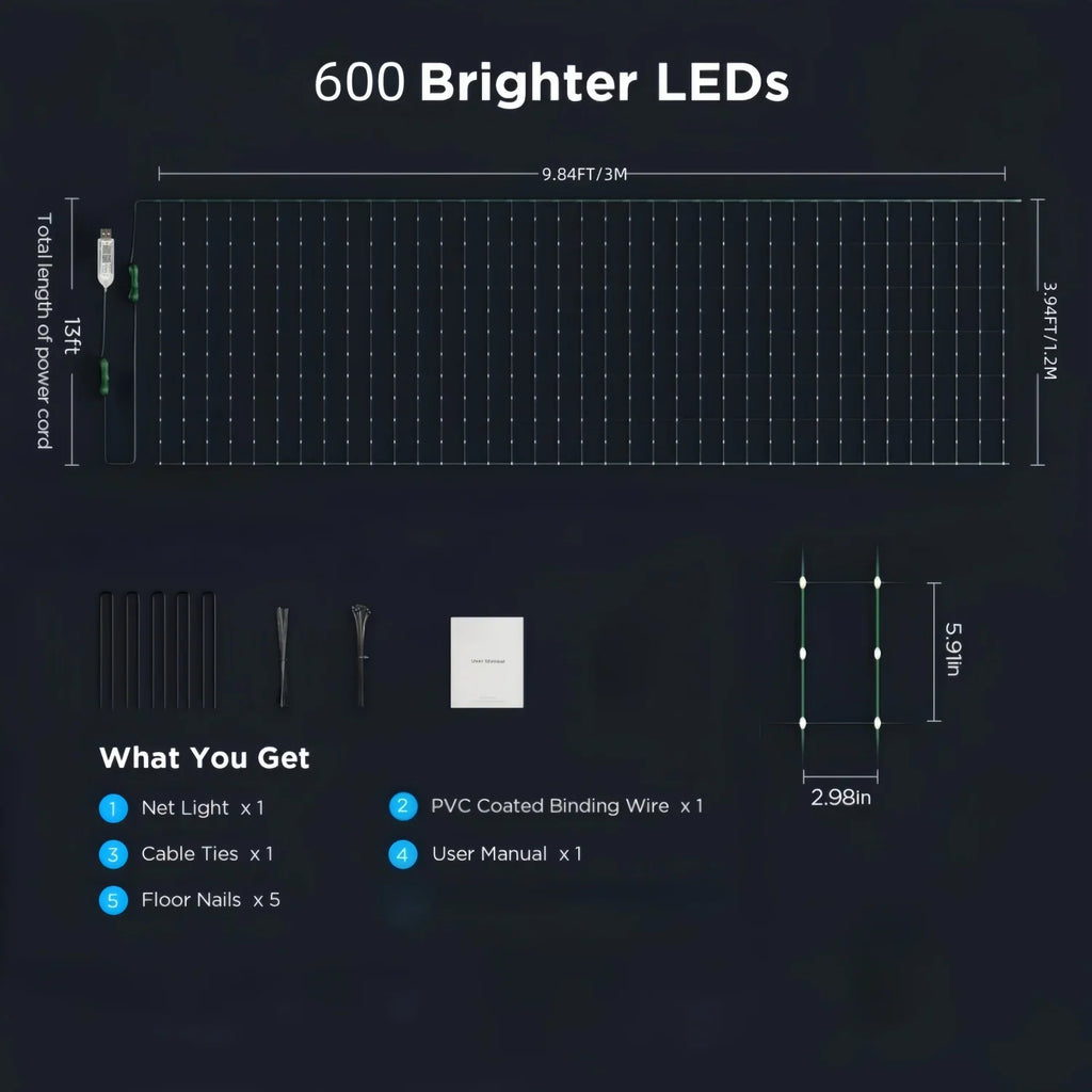 Technical diagram showing components and dimensions of an LED net light set