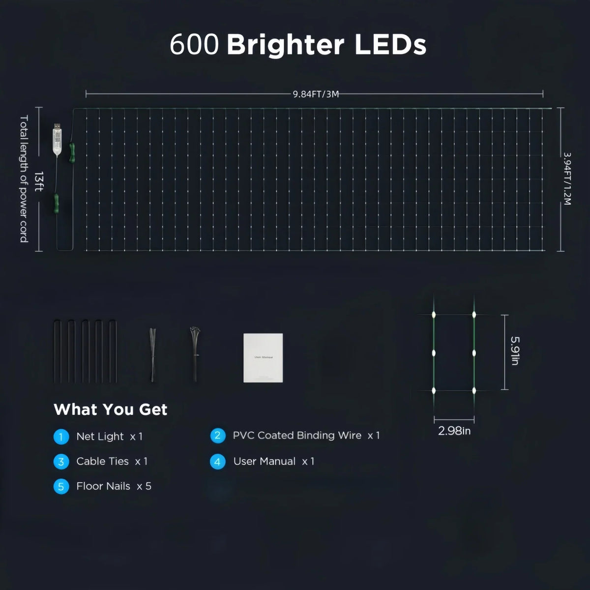 Technical diagram showing components and dimensions of an LED net light set