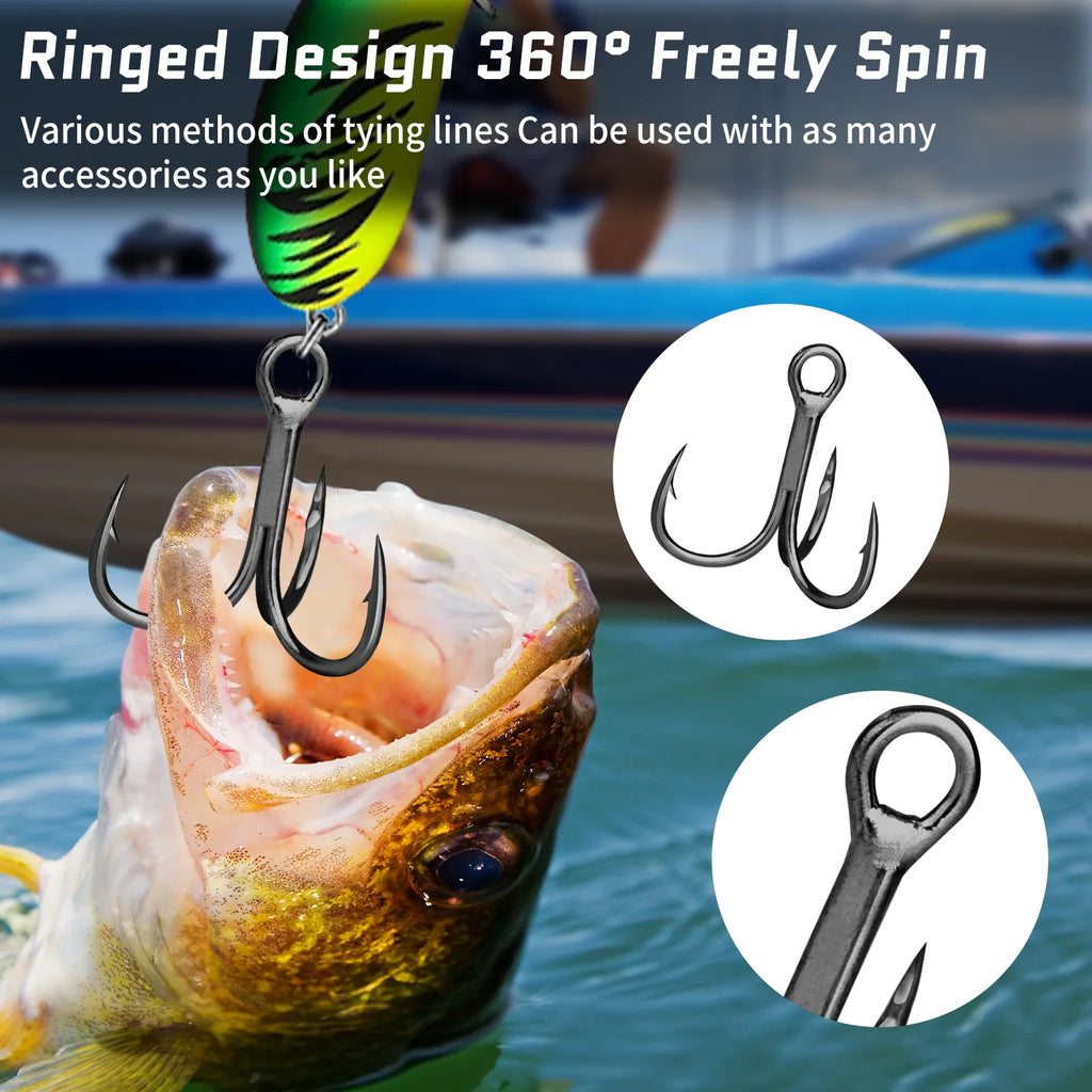 Treble fishing hook with ringed design for spinning