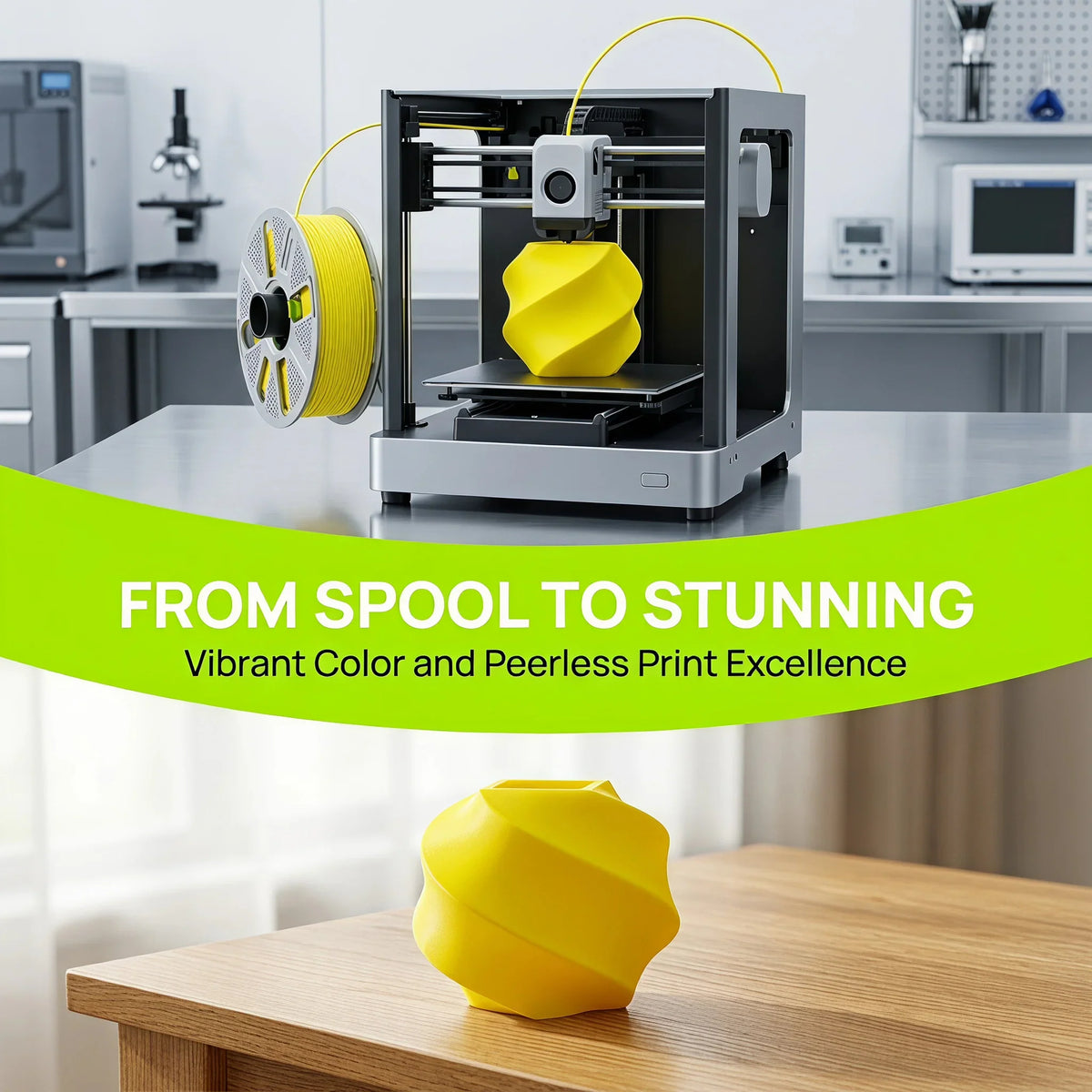 Yellow 3D printer filament spool in a printer with a yellow spiral print in front