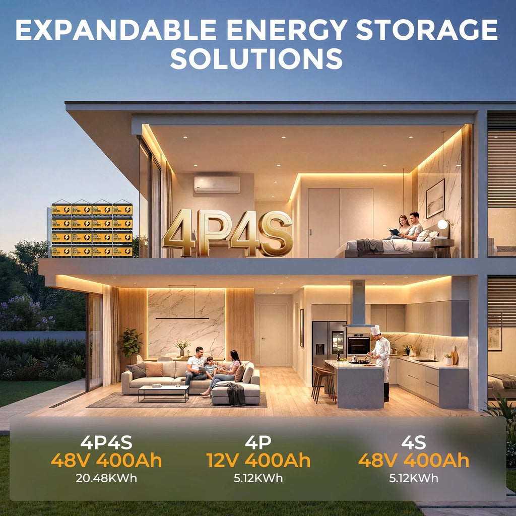 Diagram showing various battery expansion configurations for a home energy storage solution