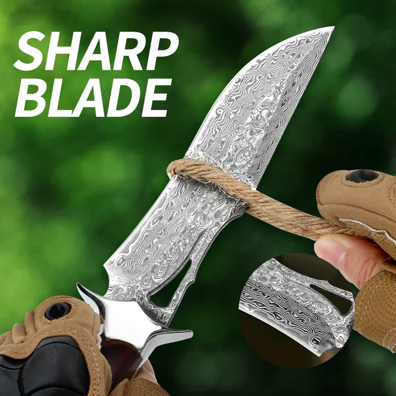 Hand in a tactical glove using a Damascus steel knife to cut a rope, featuring a close-up inset of the blade