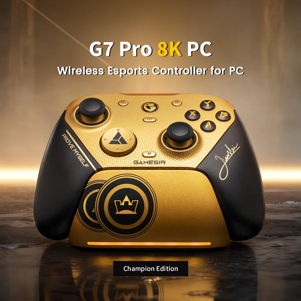 Golden and black wireless PC gaming controller with signature and champion emblem