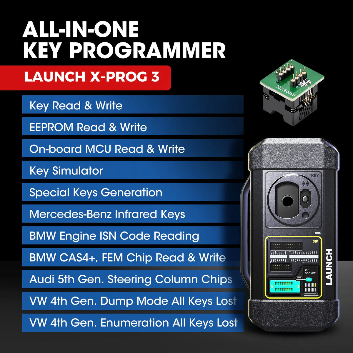 Car key programmer and chip module with list of compatible programming functions