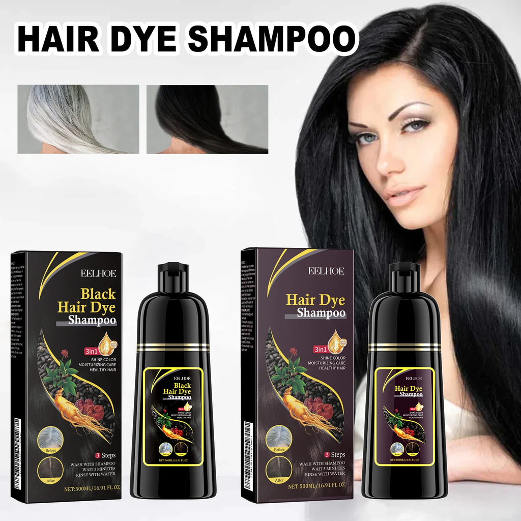 Hair dye shampoo bottle and packaging box with before and after hair color result