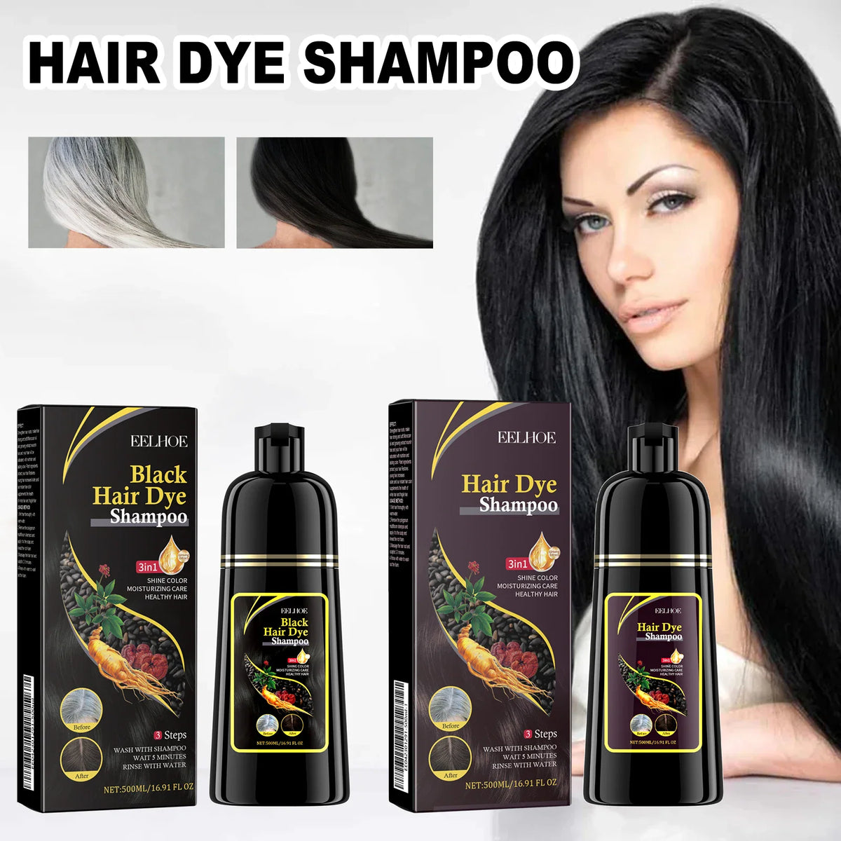 Hair dye shampoo bottle and packaging box with before and after hair color result
