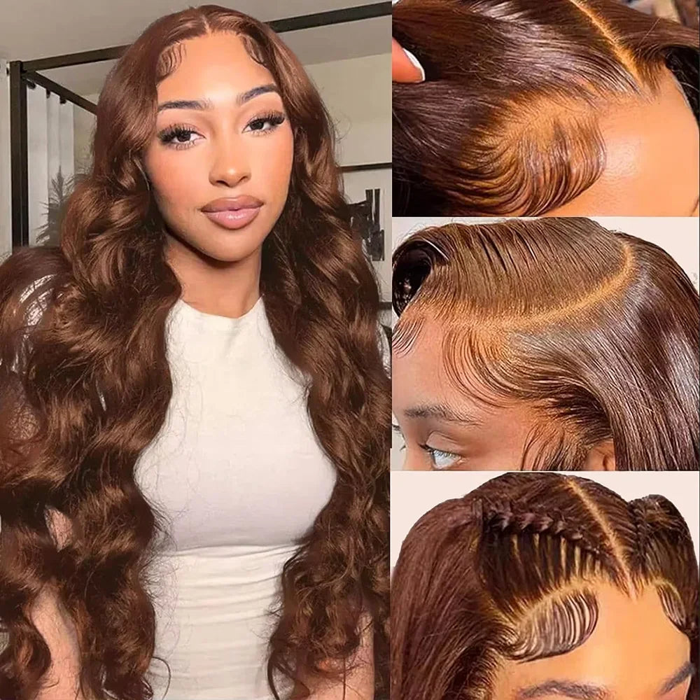 Model wearing a chocolate brown body wave lace front wig with detailed views of the hairline