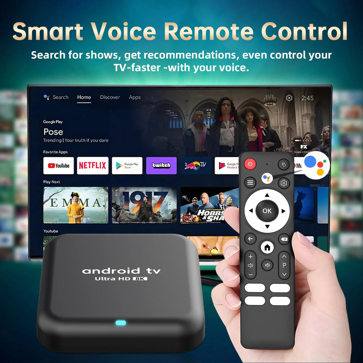 Smart Android TV box with voice remote control in hand