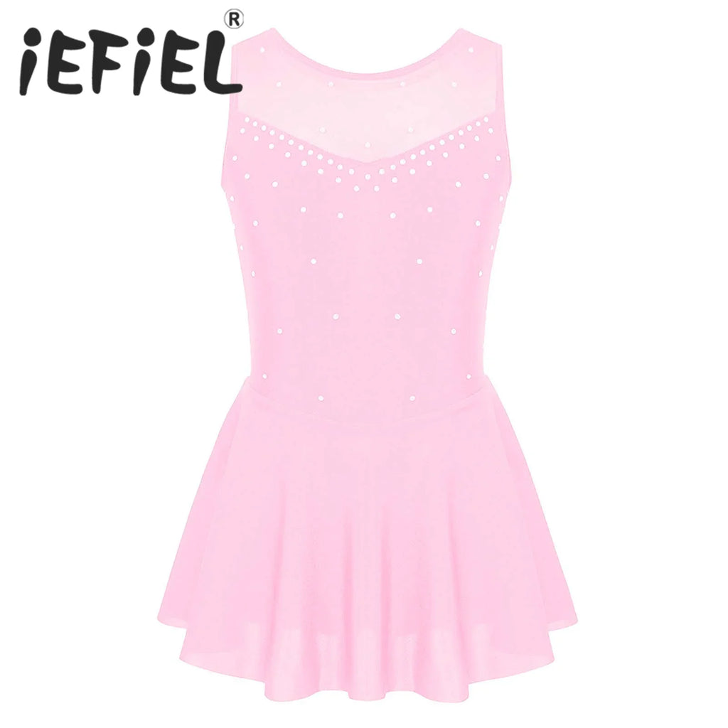 Pink sleeveless ballet leotard with a skirt and rhinestone embellishments