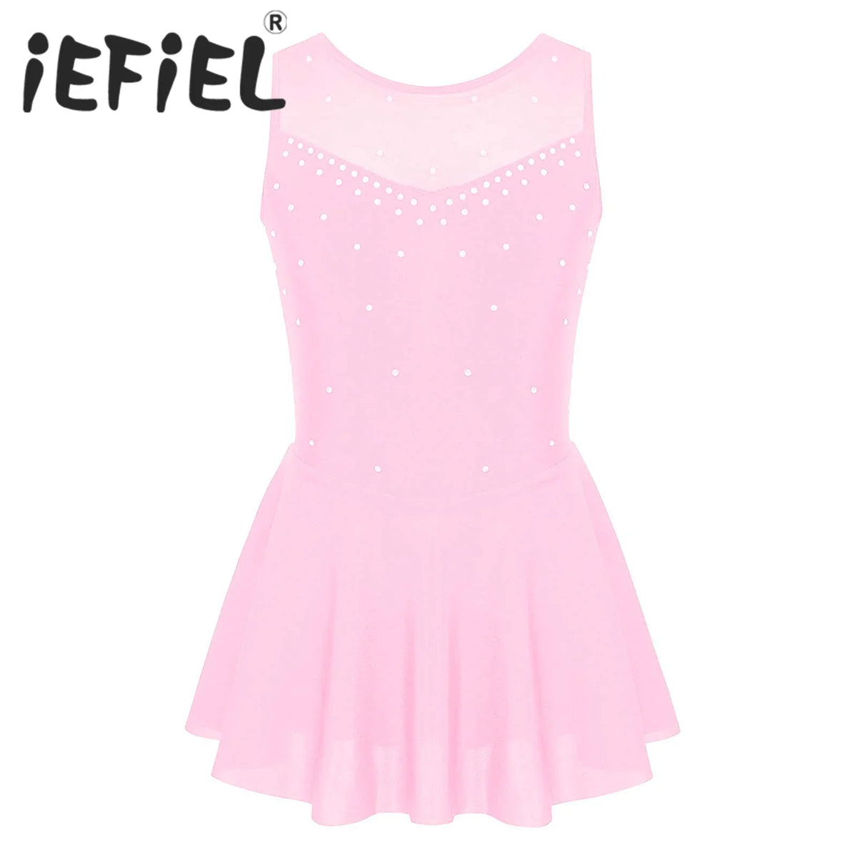 Pink sleeveless ballet leotard with a skirt and rhinestone embellishments
