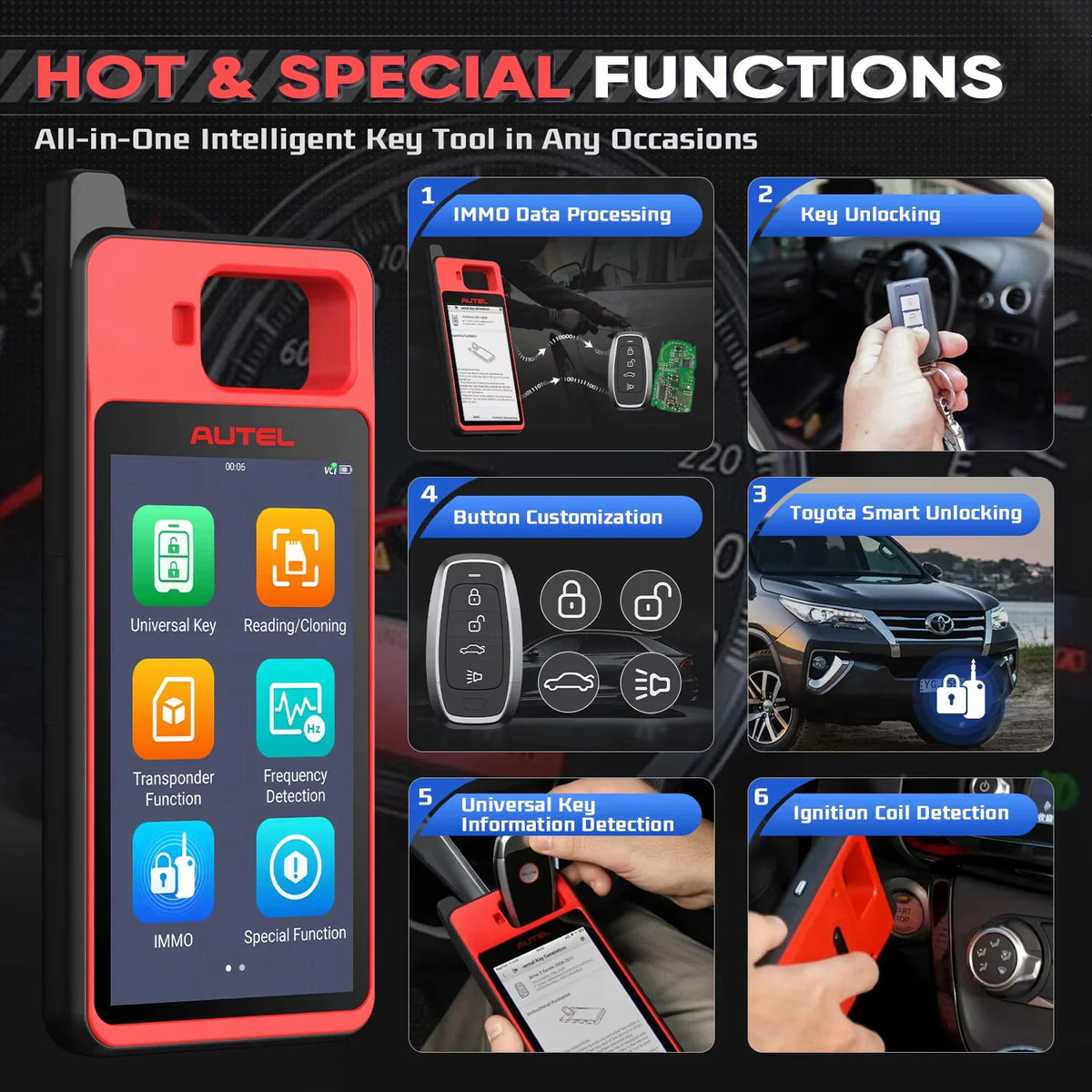 Digital interface of a car key programming tablet showcasing multiple specialized functions.
