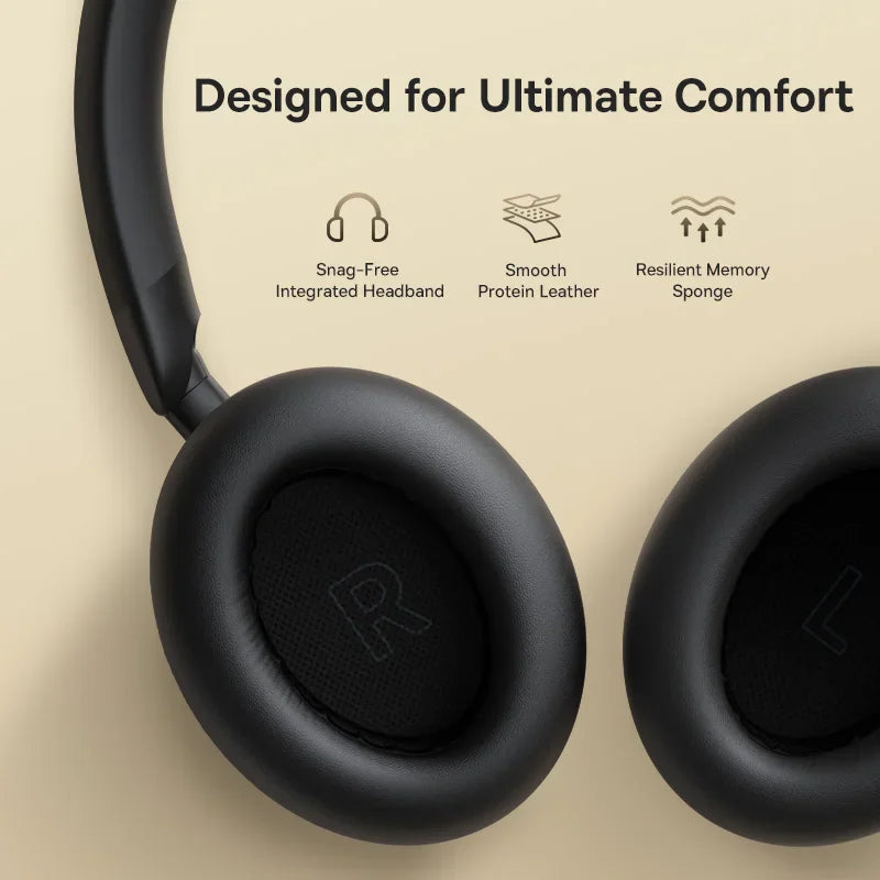 Close up of black wireless headphones showing headband and ear cushions