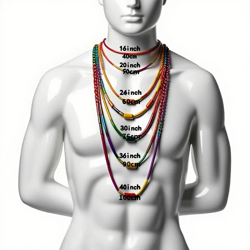 Mannequin neck showing various necklace lengths from 16 to 40 inches for sizing reference
