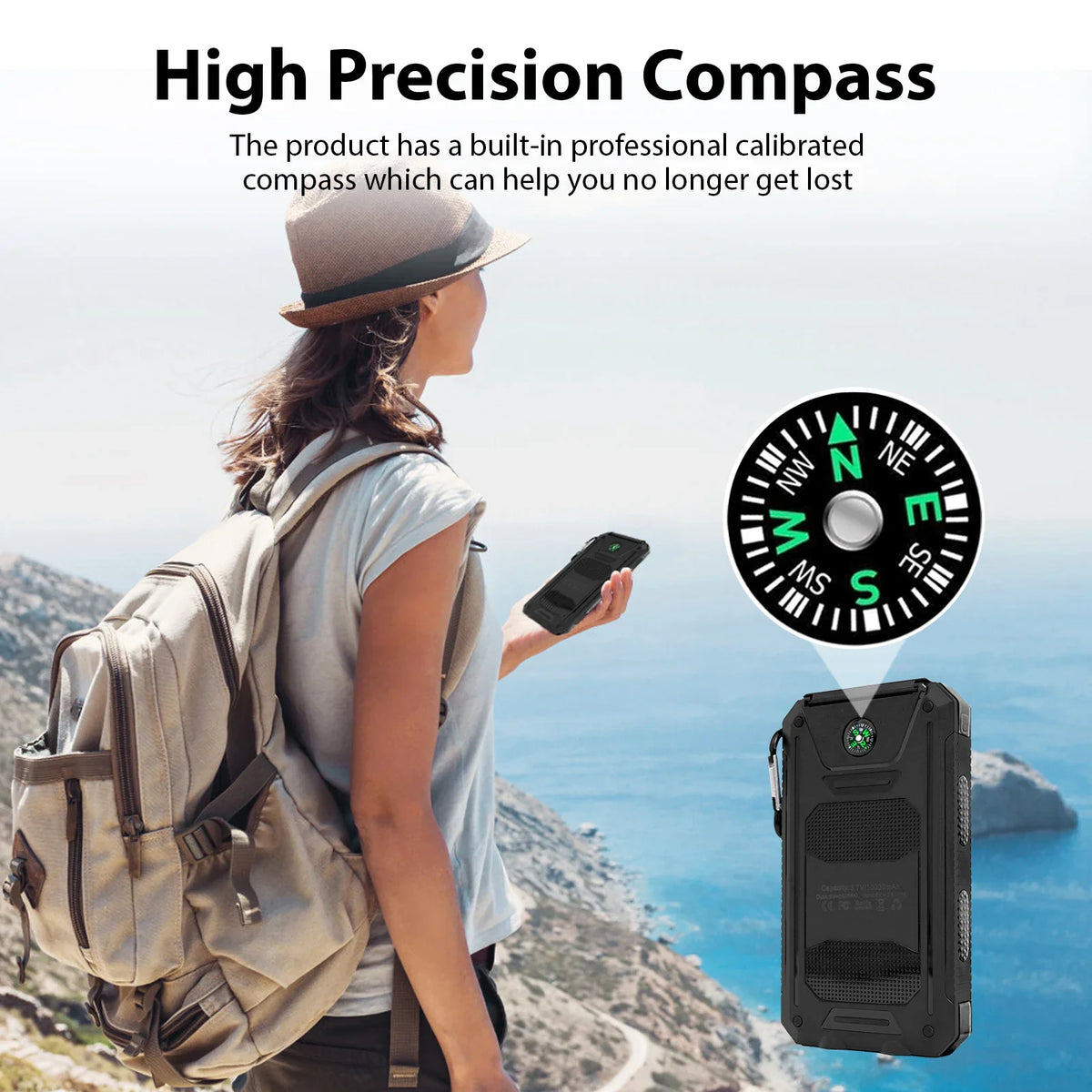 Hiker using a portable solar power bank with integrated compass