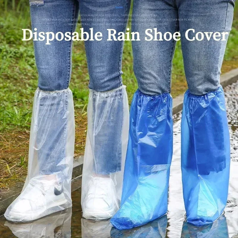 Disposable waterproof plastic rain shoe covers in clear and blue worn over sneakers