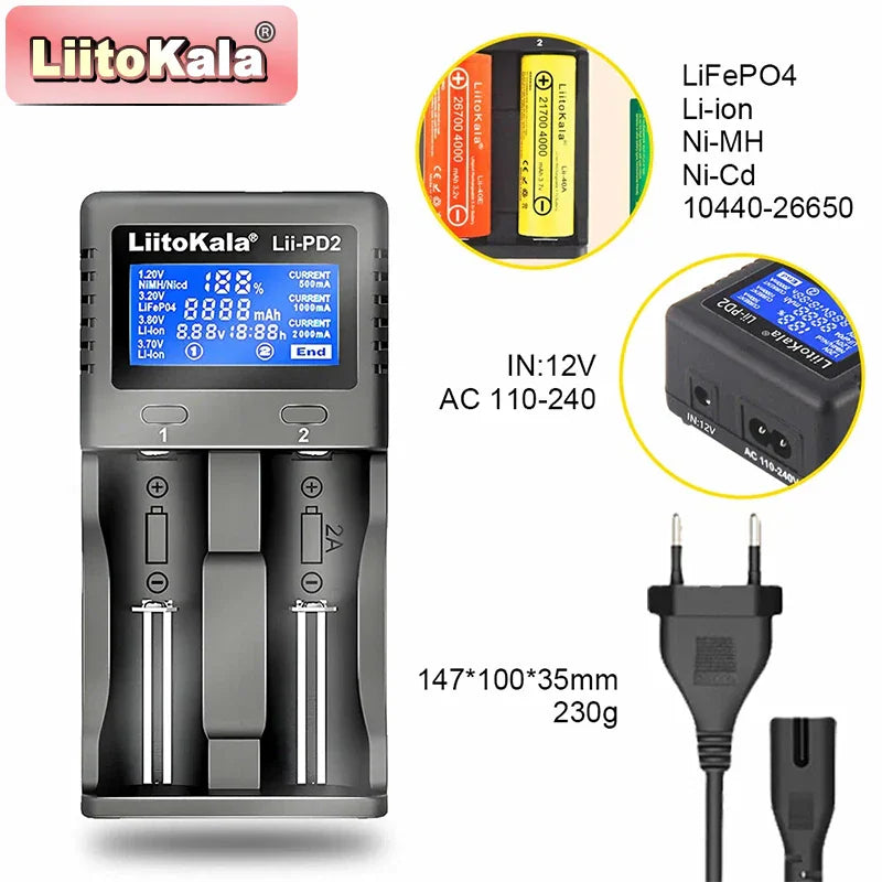 Two-slot smart battery charger with power cord and battery type compatibility list