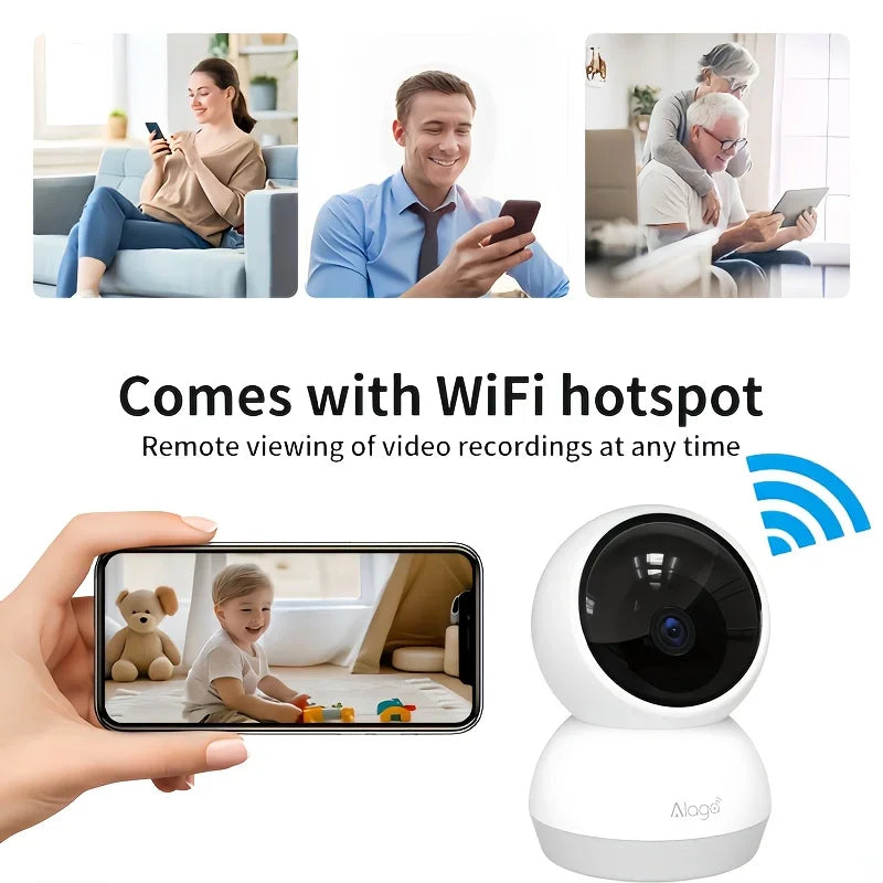 WiFi enabled indoor security camera showing remote viewing capabilities via mobile app